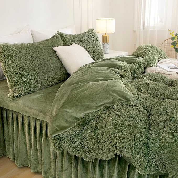 Andency Faux Fur Sage Green Comforter Set Full Size, 3 Pieces Fluffy Fuzzy Plush Bedding Comforter Set (1 Shaggy Velvet Comforter & 2 Pillowcases), Soft Puffy Comfy Down Comforter Bedding Set