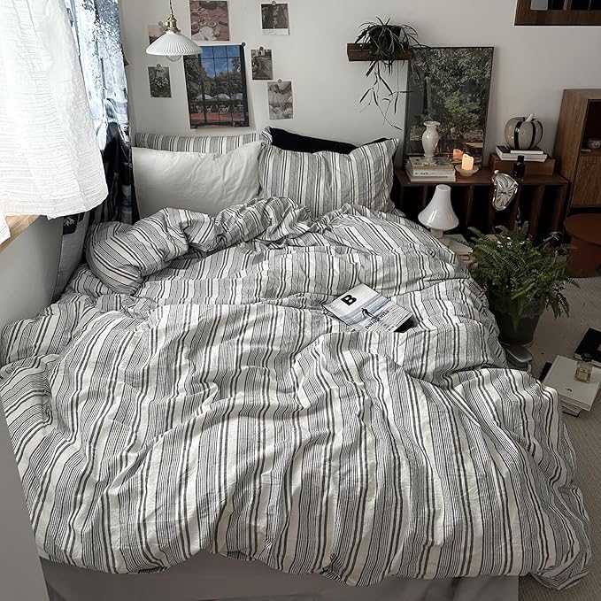 VM VOUGEMARKET Striped Duvet Cover Set Queen 100% Washed Cotton Bedding Set 3 Piece Pinstriped Comforter/Quilt Cover with Zipper Closure Corner Ties,Modern Cozy for Boys Men(White&Grey)