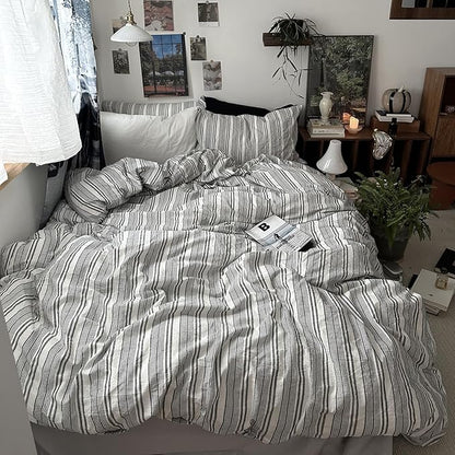 VM VOUGEMARKET Striped Duvet Cover Set Queen 100% Washed Cotton Bedding Set 3 Piece Pinstriped Comforter/Quilt Cover with Zipper Closure Corner Ties,Modern Cozy for Boys Men(White&Grey)