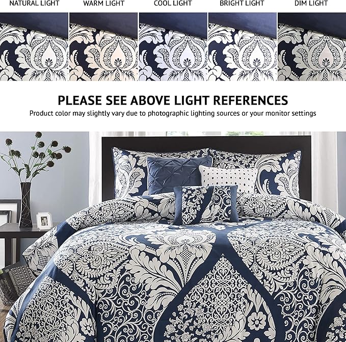 Madison Park Vienna Sateen Cotton Comforter Set, Breathable, Soft Cover, Trendy, All Season Down Alternative Cozy Bedding with Matching Shams, King, Indigo 7 Piece