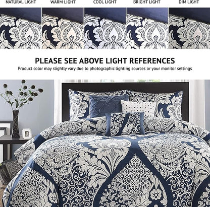 Madison Park Vienna Sateen Cotton Comforter Set, Breathable, Soft Cover, Trendy, All Season Down Alternative Cozy Bedding with Matching Shams, California King, Indigo 7 Piece