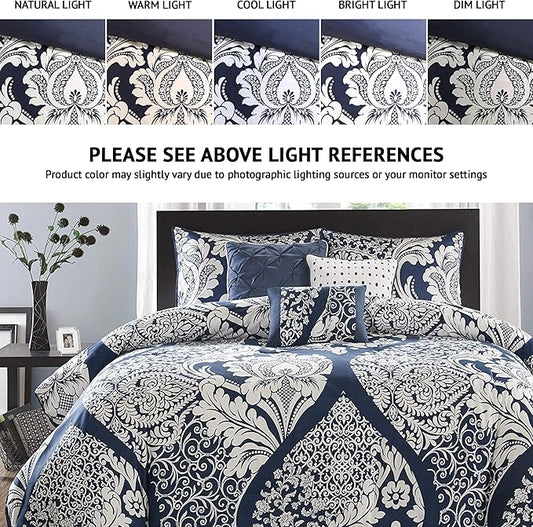 Madison Park Vienna Sateen Cotton Comforter Set, Breathable, Soft Cover, Trendy, All Season Down Alternative Cozy Bedding with Matching Shams, California King, Indigo 7 Piece