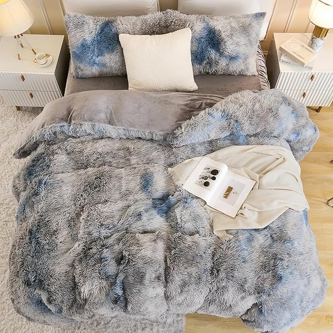 Andency Faux Fur Tie-Dyed Grey Blue Comforter Set Full Size, 3 Pieces Fluffy Fuzzy Plush Bedding Comforter Set (1 Shaggy Velvet Comforter & 2 Pillowcases), Soft Puffy Down Comforter Bedding Set