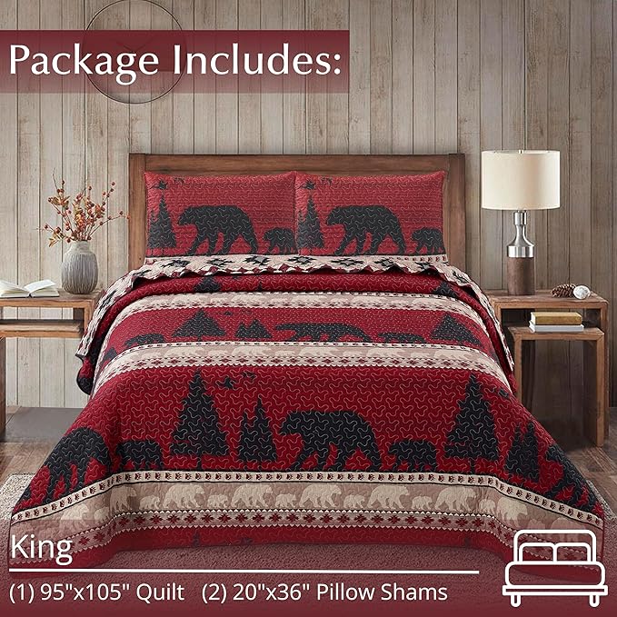 Virah Bella 3 Piece King Cabin Quilt Bedding Set - Creekside Bear - Rustic Country Reversible Patchwork Comforter Set with Decorative Pillow Shams