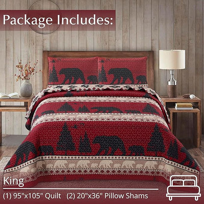 Virah Bella 3 Piece King Cabin Quilt Bedding Set - Creekside Bear - Rustic Country Reversible Patchwork Comforter Set with Decorative Pillow Shams