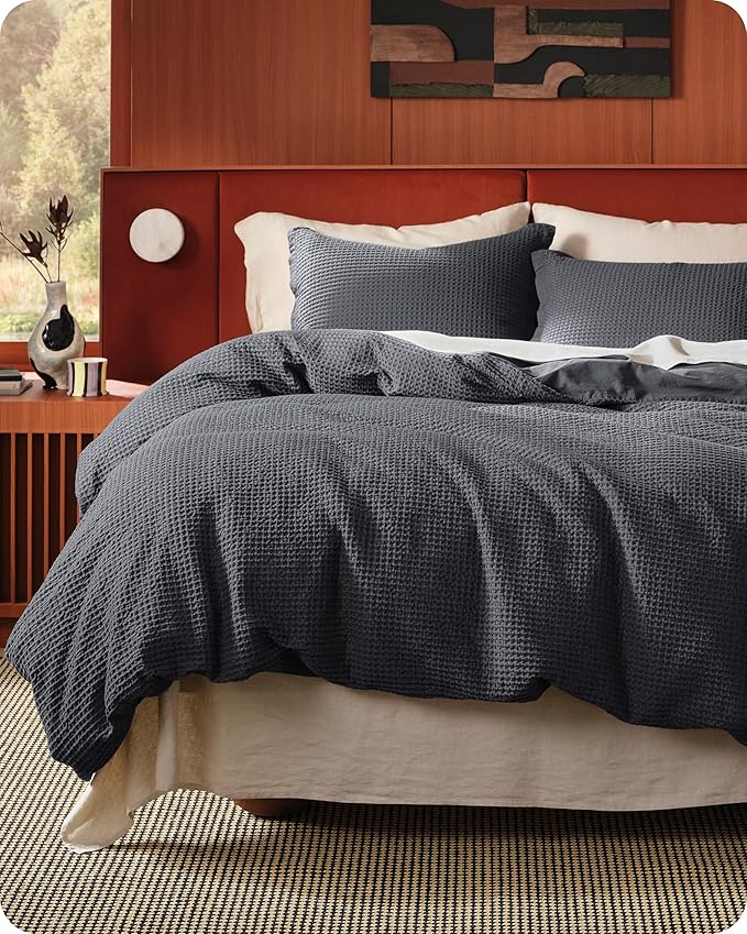 Bedsure Cotton Duvet Cover Queen - 100% Cotton Waffle Weave Charcoal Duvet Cover Queen Size, GentleSoft™ and Breathable Bedding Set for All Season, 3 Pieces, 90"x90"