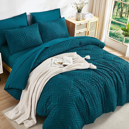 Andency Oversized King Size Comforter Set 7 Pieces Teal - Bed in a Bag Oversized King Boho Lightweight Fluffy Tufted Bedding Sets with Comforter, Sheets, Pillowcases & Shams