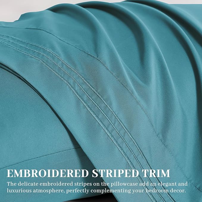 YIYEA King Pillow Cases Set of 4, Ultra Soft 1800TC Hotel Quality Double Brushed Microfiber Embroidered Pillowcases, Envelope Closure, Fade Resistant (20"x36", Teal)
