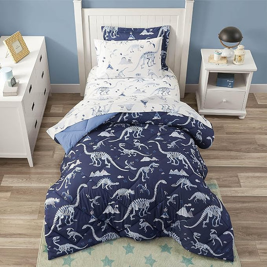Blue Dinosaur Queen Comforter Set for Boys, 7 Pieces Kids Bedroom Bedding with Sheets and Pillowcase, Super Soft Lightweight for All Season, Machine Washable