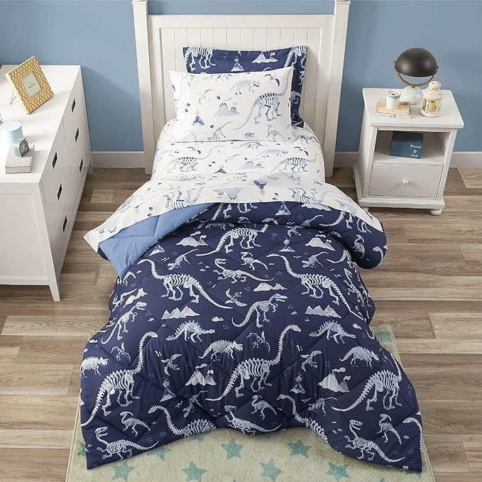 Blue Dinosaur Twin Comforter Set for Boys, 5 Pieces Kids Bedroom Bedding with Sheets and Pillowcase, Super Soft Lightweight for All Season, Machine Washable