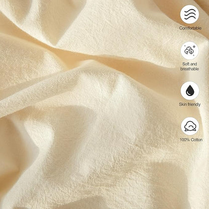 MooMee Bedding Pillowcases Pack of 2 100% Washed Cotton Linen Like Textured Breathable Durable Soft Comfy (Solid Cream White, Queen)