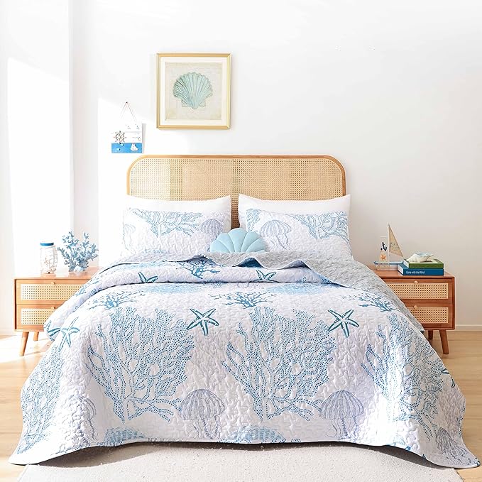 weigelia Coastal Quilts Bedding Set Queen Size - Blue Summer Nautical Bedding Quilt with Pillow Cases, Beach Reversible Quilt Set Bedspreads Coverlet Soft Lightweight Comforter