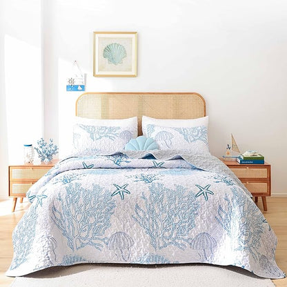 weigelia Coastal Quilts Bedding Set Queen Size - Blue Summer Nautical Bedding Quilt with Pillow Cases, Beach Reversible Quilt Set Bedspreads Coverlet Soft Lightweight Comforter