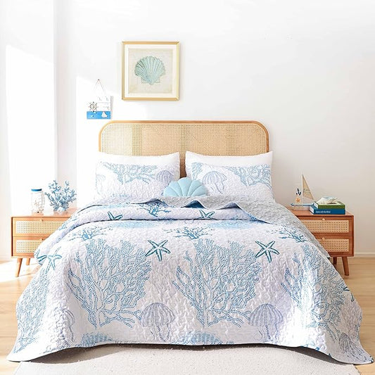 weigelia Coastal Quilts Bedding Set King Size - Blue Summer Nautical Bedding Quilt with Pillow Cases, Beach Reversible Quilt Set Bedspreads Coverlet Soft Lightweight Comforter