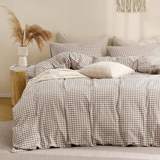 TOCOMOA Tan Gingham Duvet Cover Bedding Set 100% Washed Cotton Like Linen Feel Super Soft Comfy 2 Piece Brown Vintage Plaid Checkered Fall Comforter Cover Set (Twin 68"x90", Comforter Not Included)