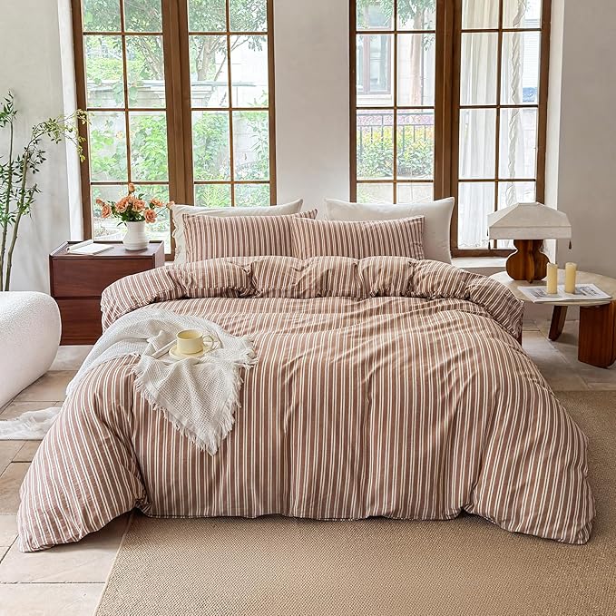 Striped Duvet Cover Set 100% Washed Cotton Linen Like Soft Feelling Breathable Bedding(Burnt Orange/White Strip,King)