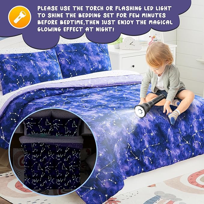 Twin Kids Comforter Set - 5 Pieces Twin Bedding Sets for Boys Girls Teen, Glow in The Dark Galaxy Bed in A Bag with Sheets