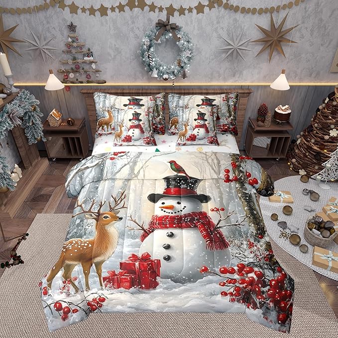 Castle Fairy Winter Snowman Comforter Set King Size 7 Pcs,Merry Christmas Theme Bedding Set for Girls Teens Bedroom Decor,Wild Breds Trees Deer Bed in a Bag with Comforter,Sheets and Pillow Cases
