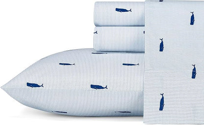 Nautica - Twin Size Sheet Set, Crisp & Tailored Cooling Sheets with a Smooth Cotton Percale Lightweight Feel - Bed Sheets with Matching Pillowcase & Fitted Sheet (Whale Stripe Blue)