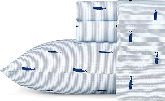 Nautica - Twin Size Sheet Set, Crisp & Tailored Cooling Sheets with a Smooth Cotton Percale Lightweight Feel - Bed Sheets with Matching Pillowcase & Fitted Sheet (Whale Stripe Blue)