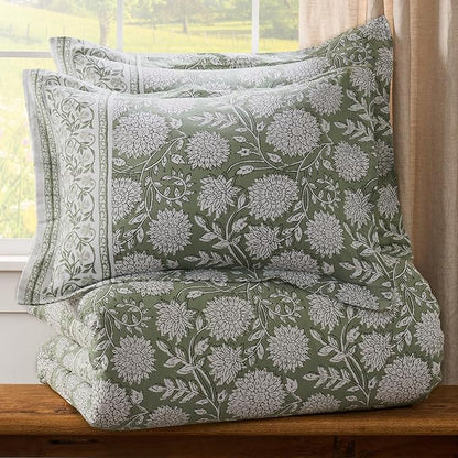 Levtex Home Adare Sage Reversible Full/Queen Comforter Set (90x94in) with 2 Pillow Shams (26x20in) - Floral Bedding - Sage and White - 100% Cotton Full/Queen Size Comforter Set - Soft, Pre-Washed