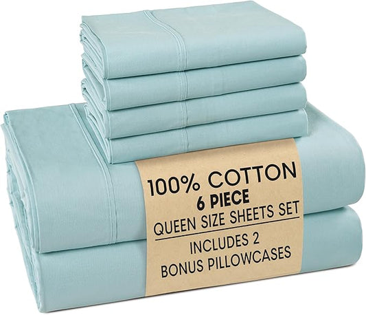 Casa Platino Queen Sheets Sets – 100% Cotton Queen Sheets Cooling with 4 Pillowcases, 15" Deep Pocket Fitted Sheet, Crisp & Smooth Feel, Ultra Soft & Cozy, Fit – Blue Sky