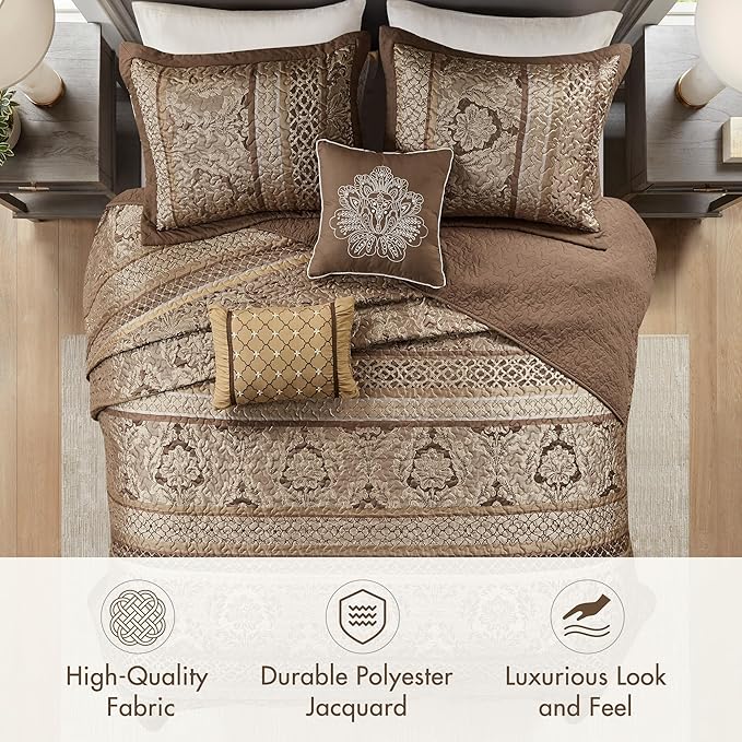 Madison Park Bellagio Reversible Quilted Bedspread Set, Solid Reverse Summer Breathable, Lightweight All Season Bedding Layer, Matching Shams, Bedspread Queen(102"x118"), Brown 5 Piece