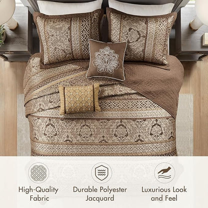 Madison Park Bellagio Reversible Quilted Bedspread Set, Solid Reverse Summer Breathable, Lightweight All Season Bedding Layer, Matching Shams, Bedspread King(120"x118"), Brown 5 Piece