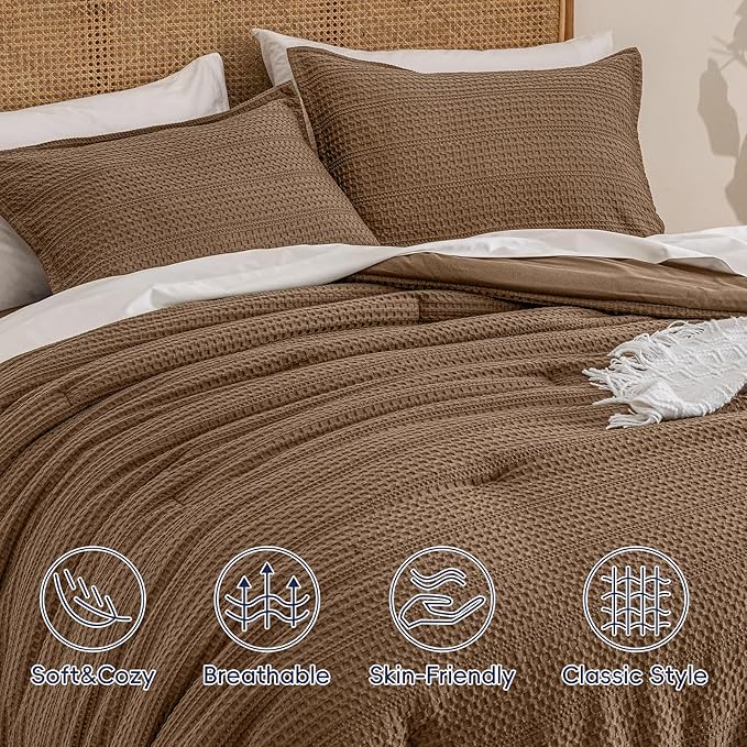 PHF Soft Waffle Comforter Set Queen Size- Comfy Breathable Waffle Weave Comforter with 2 Pillow Shams, 3 Pieces Less Snagging Lightweight Textured Bedding Set for All Season, Mocha