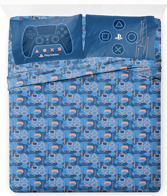 Jay Franco Kids Sheet Cartoon Set with Fitted, Flat Sheets & Pillow Cover - Ultra-Soft Bedding with Pillowcase for Room Decor, Blue - PlayStation, 4 Piece Queen
