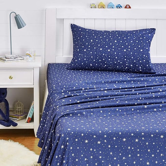 Amazon Basics Kid's Soft Easy-Wash Microfiber 3-Piece Sheet Set, Machine Washable, Twin, Navy Galaxy