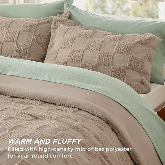 Bedsure Queen Size Comforter Set Khaki, Boho Tufted Bed Set, Checkered Farmhouse Shabby Chic Bedding, 3 Pieces, 1 Plaid Geometric Comforter and 2 Pillow Shams