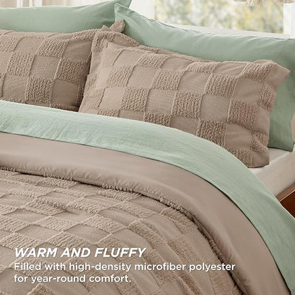 Bedsure King Size Comforter Set Khaki, Boho Tufted Bed Set, Checkered Farmhouse Shabby Chic Bedding, 3 Pieces, 1 Plaid Geometric Comforter and 2 Pillow Shams