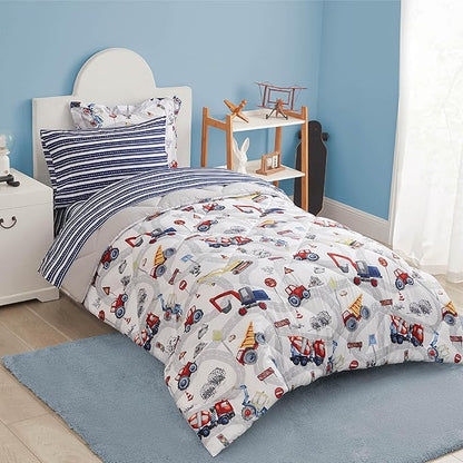 Truck Twin Comforter Set for Boys, 5 Pieces Kids Bedroom Bedding Set with Sheets and Pillowcase, Super Soft Lightweight for All Seasons, Car, Machine Washable