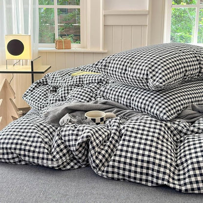 LifeTB Black White Gingham Duvet Cover King 100% Washed Cotton Grid Bedding Set Breathable Soft Comfy 3 Piece Vintage Plaid Checkered Comforter Cover Luxury Gingham Plaid Bedding Set King