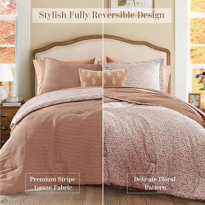 Full Comforter Set - 7 Pieces Autumn Leaf Gauze Muslin Bedding Sets for All Seasons, Lightweight Breathable Bed in a Bag Full with Revesible Farmhouse Comforter, Sheets, Pillowcases & Shams