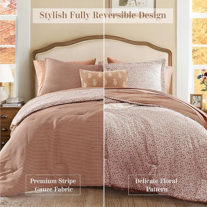 Queen Comforter Set - 7 Pieces Autumn Leaf Gauze Muslin Bedding Sets for All Seasons, Lightweight Breathable Bed in a Bag Queen with Revesible Farmhouse Comforter, Sheets, Pillowcases & Shams