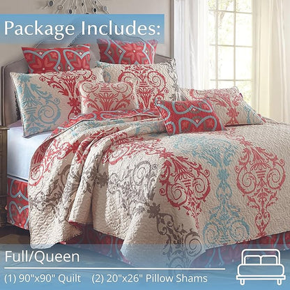 Virah Bella Quilt Bedding Set in Full/Queen Portofino Printed Lightweight Reversible Quilt with 2 Matching Pillow Shams - Cozy & Beautiful Contemporary-Themed Bedding