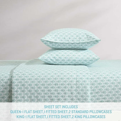 Tommy Bahama - Queen Size Sheet Set, 100% Cotton Percale Bedding with a Crisp & Cool Feel, Bed Sheets with Matching Fitted Sheet & Pillowcases (Coastal Batik Green)