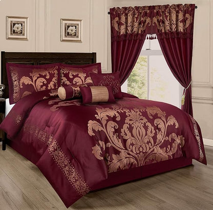 Chezmoi Collection 7-Piece Jacquard Floral Comforter Set (Queen, Maroon)