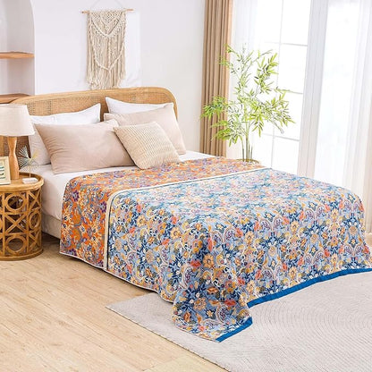 Boho Throw Blanket for Bed, 100% Cotton Soft Rustic Quilt Fall Blanket, 90"x98" Floral Printed Farmhouse Decor Bed Blankets, All Season Rustic Reversible Bohemian Throw Quilt