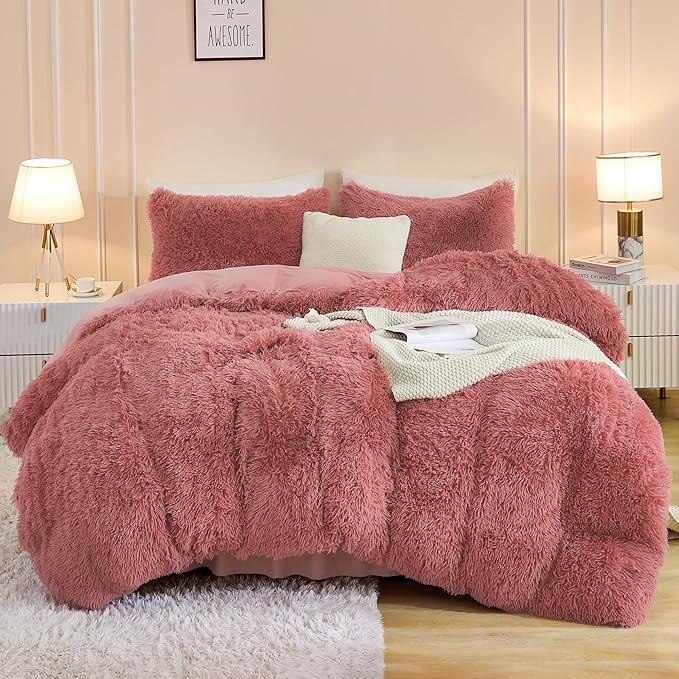 Andency Fluffy Old Pink Comforter Set Full Size, 3 Pieces Winter Faux Fur Warm Soft Fuzzy Plush Bedding Comforter Set (1 Velvet Comforter & 2 Pillowcases), Thick Heavy Comfy Comforters Bedding Set