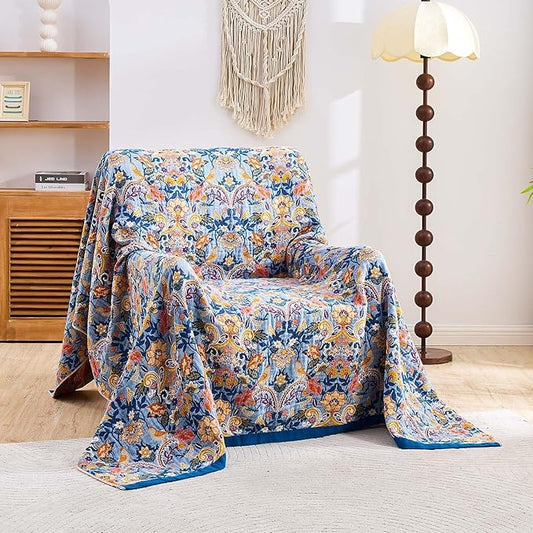 Boho Throw Blanket for Bed, 100% Cotton Soft Rustic Quilt Fall Blanket, 50"x60" Floral Printed Farmhouse Decor Bed Blankets, All Season Rustic Reversible Bohemian Throw Quilt