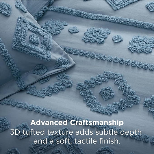 Bedsure Boho Tufted Blue Comforter King Size, GentleSoft™ 3 Pieces Boho Farmhouse Decor Bedding, Exquisite Shabby Chic Bedding for All Seasons, 1 Bed Comforter, 2 Pillow Shams, 104x90 Inches
