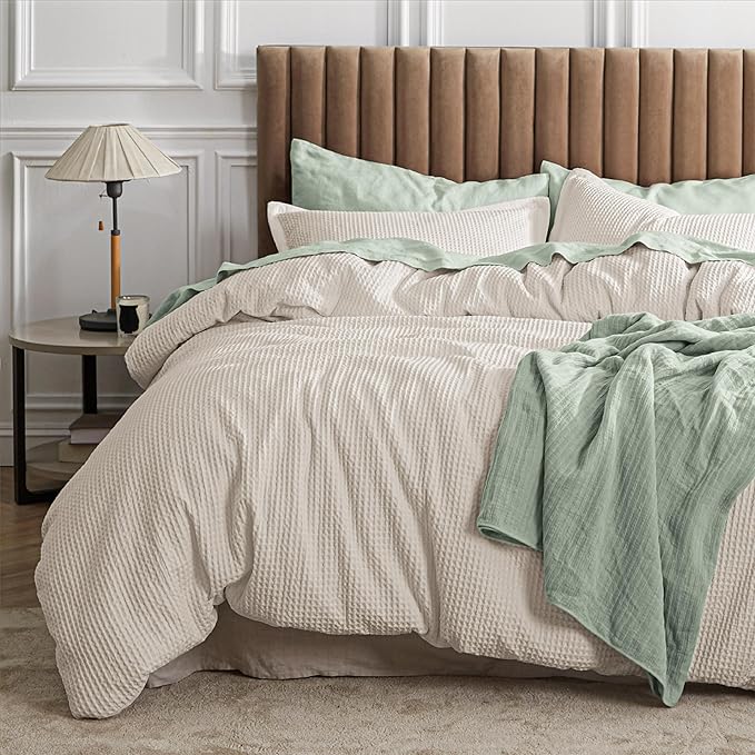 Bedsure Waffle Comforter Set Full, Beige Soft Bedding, Waffle Weave Bed Set, 3 Pieces, 1 Comforter (82"x86") and 2 Pillow Shams, Cotton Shell and Polyester Lining for All Seasons