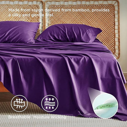 Bedsure King Size Sheets Set, Cooling Sheets for Hot Sleepers, Rayon Derived from Bamboo, PureWoven, Breathable & Soft, Deep Pocket Up to 16 Inches, Hotel Luxury Silky Bedding, Plum