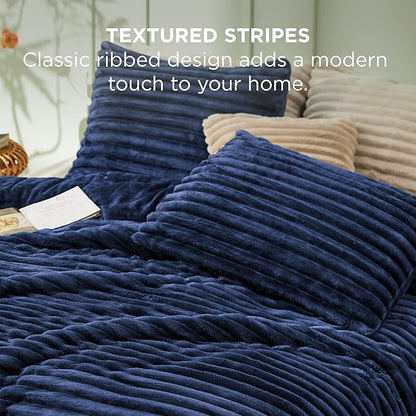 Bedsure Comforter Set Queen Size - GentleSoft™ 3 Pieces Double-Side Fleece Fluffy Navy Blue Comforter Set, Cozy Striped Room Decor Aesthetic, Luxury Bedding Queen Size, 2 Pillowcases, 90x90 Inches