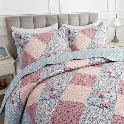 Travan 3-Piece Bedspread Quilt Set Lightweight Coverlet Set Garden Style Floral Printed Oversized Quilted Bedding Set with Shams for All Season, Exquisite, King Size