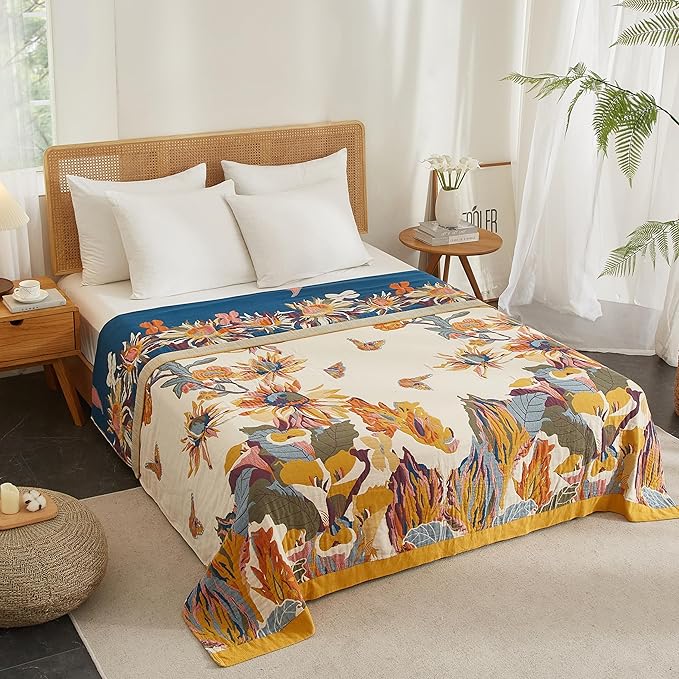 Boho Throw Blanket for Bed 50”x60”, 100% Cotton Woven Blanket for Couch Sofa, Ultra Soft 4-Layer Muslin Quilt with Floral Printed, Farmhouse Bed Blanket/Cover for Living Room Decor