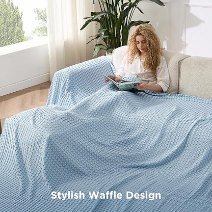Bedsure Cooling Cotton Waffle Oversized King Blanket - Lightweight Breathable Rayon Derived from Bamboo for Hot Sleepers, Luxury Throws for Bed and Sofa, Light Blue, 120x96 Inches